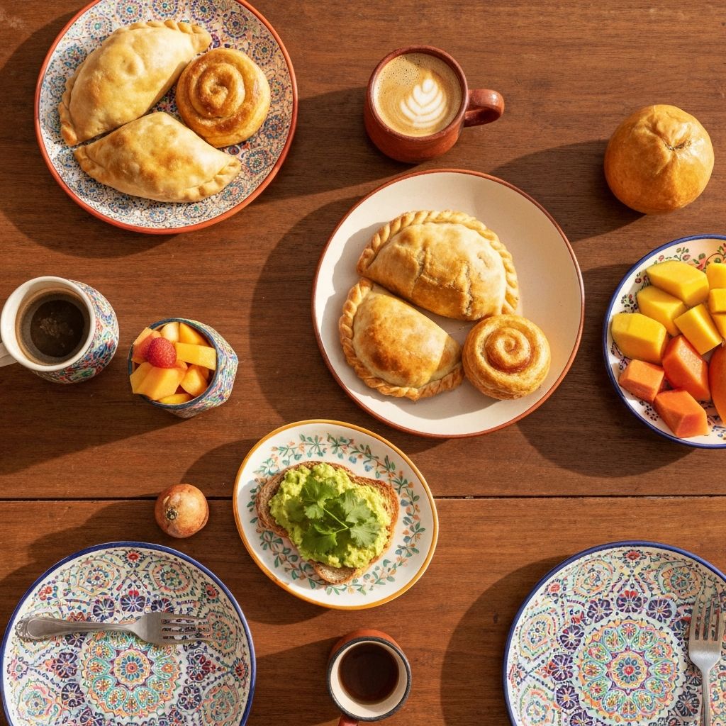 Latin American breakfast spread with empanadas, pastries and coffee at JL Cafe Latino
