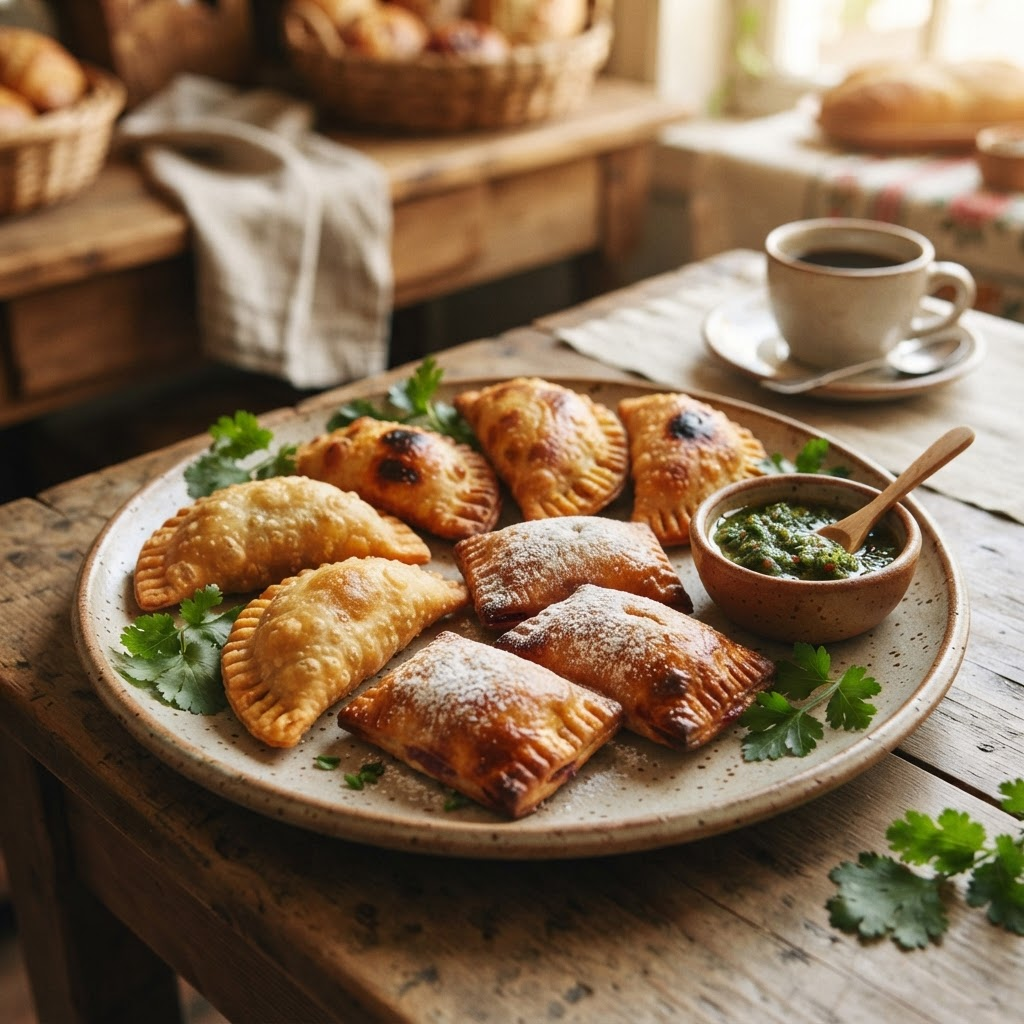 Golden crispy empanadas and savory pastries on a rustic plate