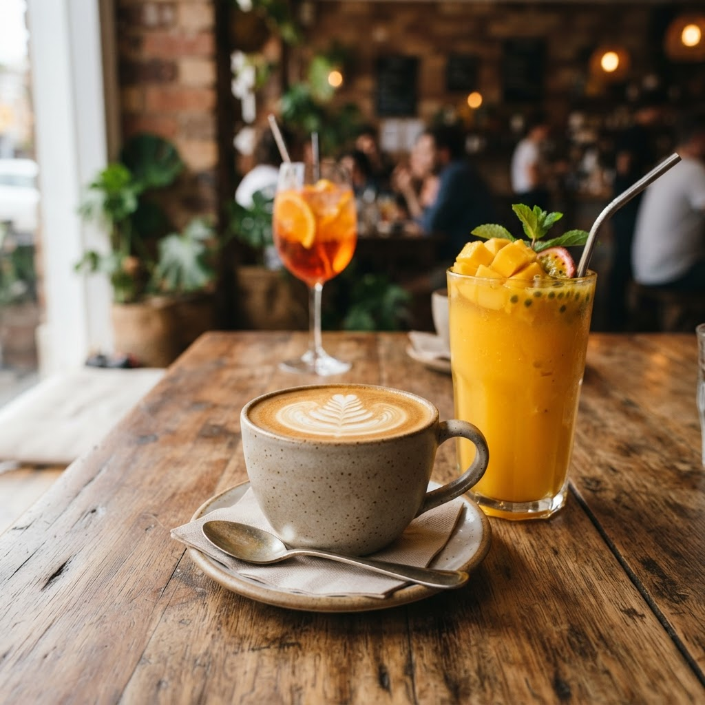 Artisan latte art beside tropical fruit juice and cocktail