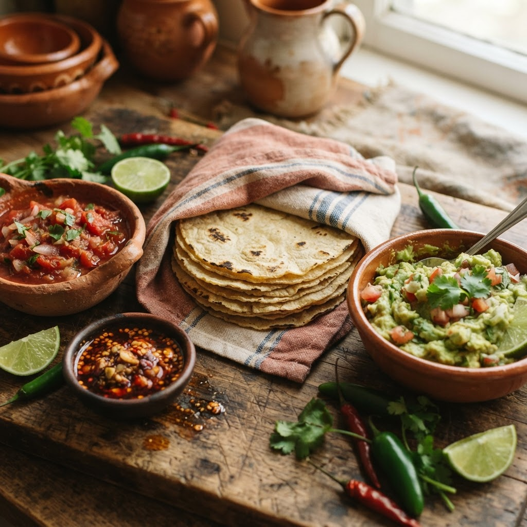 Freshly handmade corn tortillas with vibrant salsas and arepas